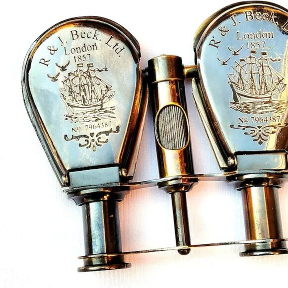 Brass Binoculars with Leather Case Antique Reproduction Nautical Spyglass - Picture 4 of 7